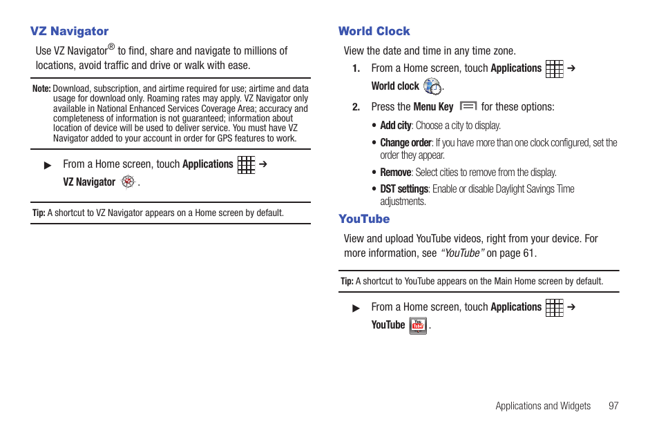 Vz navigator, World clock, Youtube | Vz navigator world clock youtube | Samsung SCH-I800BKAVZW User Manual | Page 103 / 162