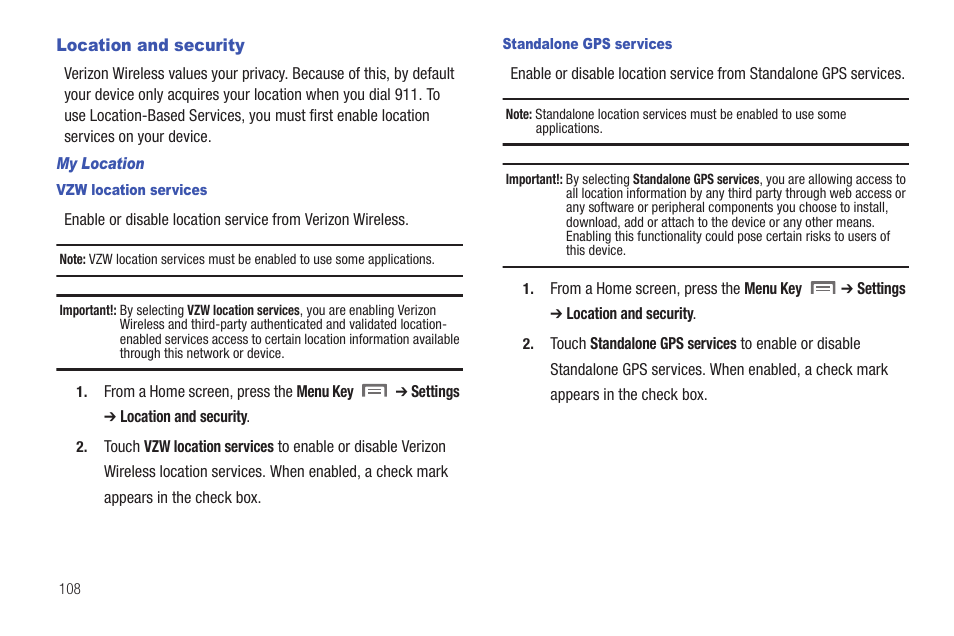 Location and security | Samsung SCH-I800BKAVZW User Manual | Page 114 / 162