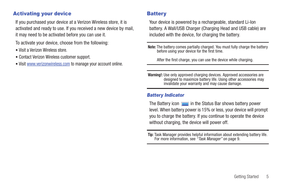 Activating your device, Battery, Activating your device battery | Samsung SCH-I800BKAVZW User Manual | Page 12 / 162