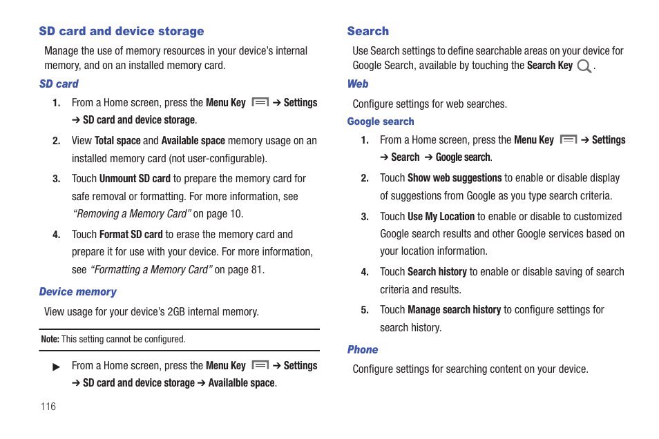 Sd card and device storage, Search, Sd card and device storage search | Samsung SCH-I800BKAVZW User Manual | Page 122 / 162