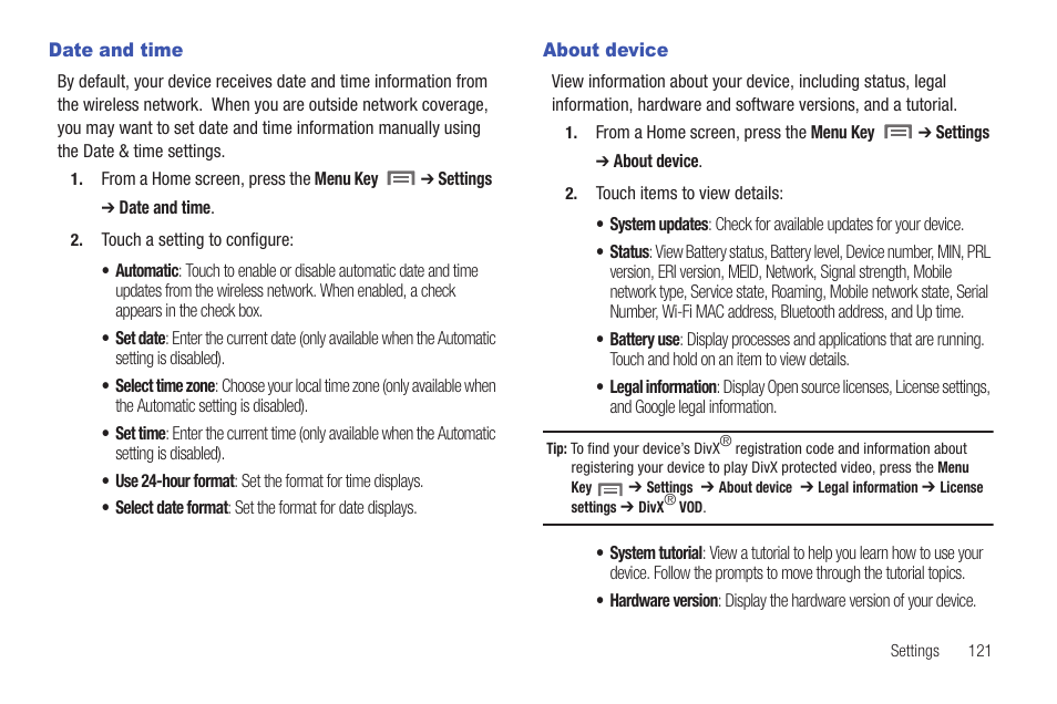 Date and time, About device, Date and time about device | Samsung SCH-I800BKAVZW User Manual | Page 127 / 162