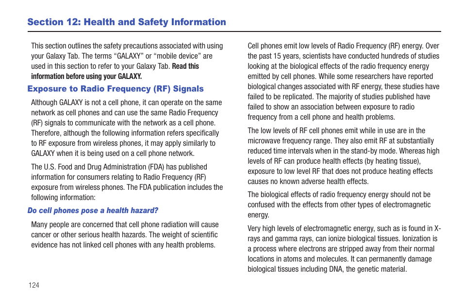 Section 12: health and safety information, Exposure to radio frequency (rf) signals | Samsung SCH-I800BKAVZW User Manual | Page 129 / 162