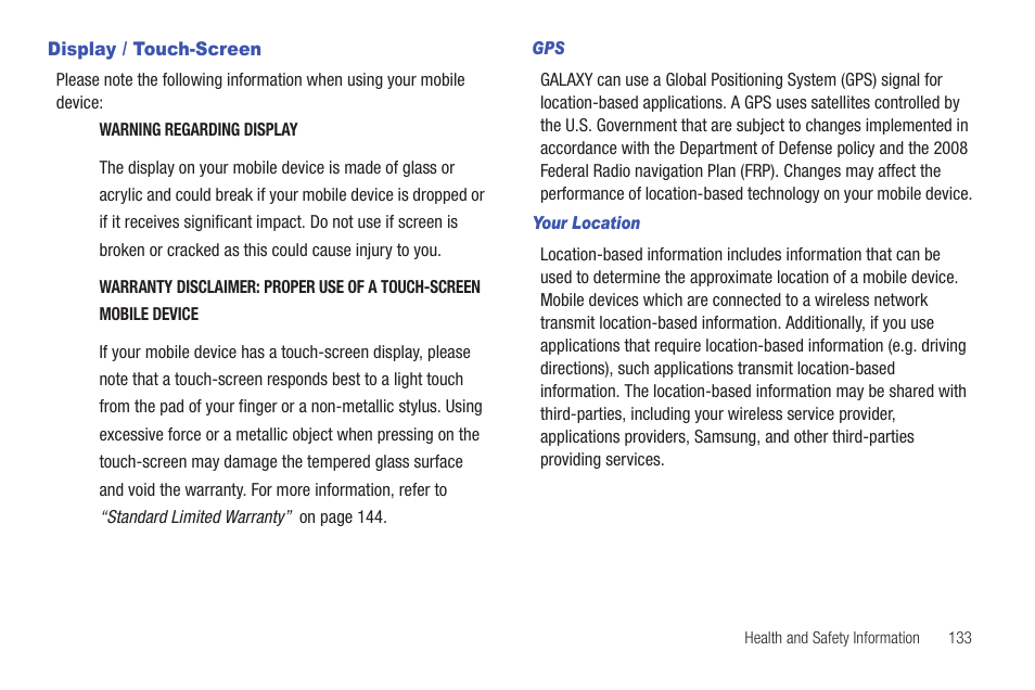 Display / touch-screen | Samsung SCH-I800BKAVZW User Manual | Page 138 / 162