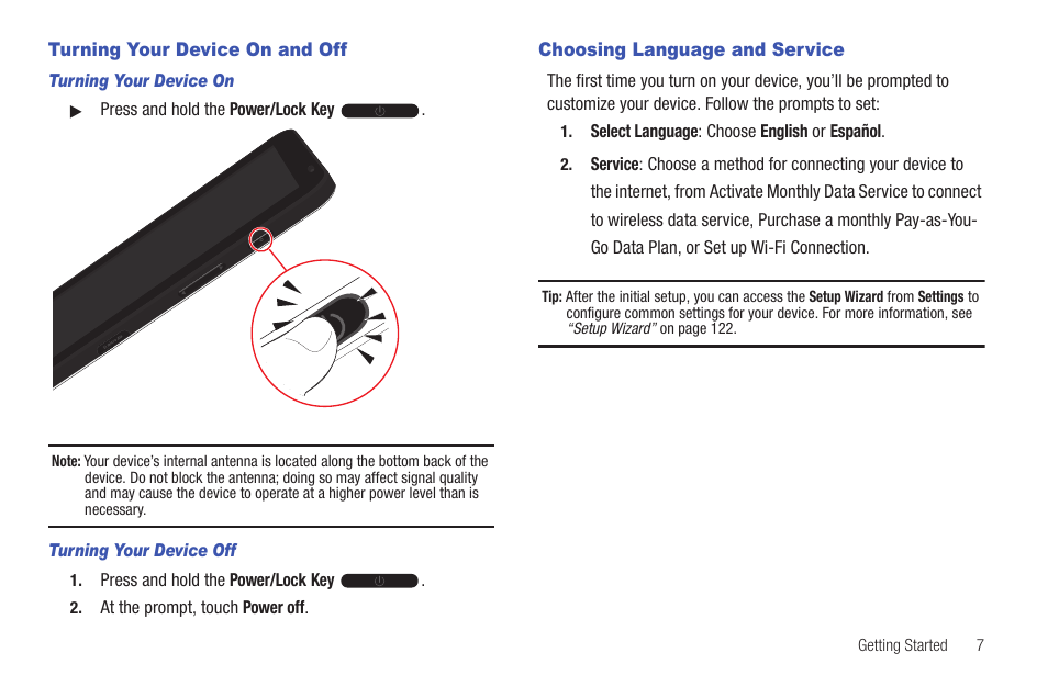 Turning your device on and off, Choosing language and service | Samsung SCH-I800BKAVZW User Manual | Page 14 / 162