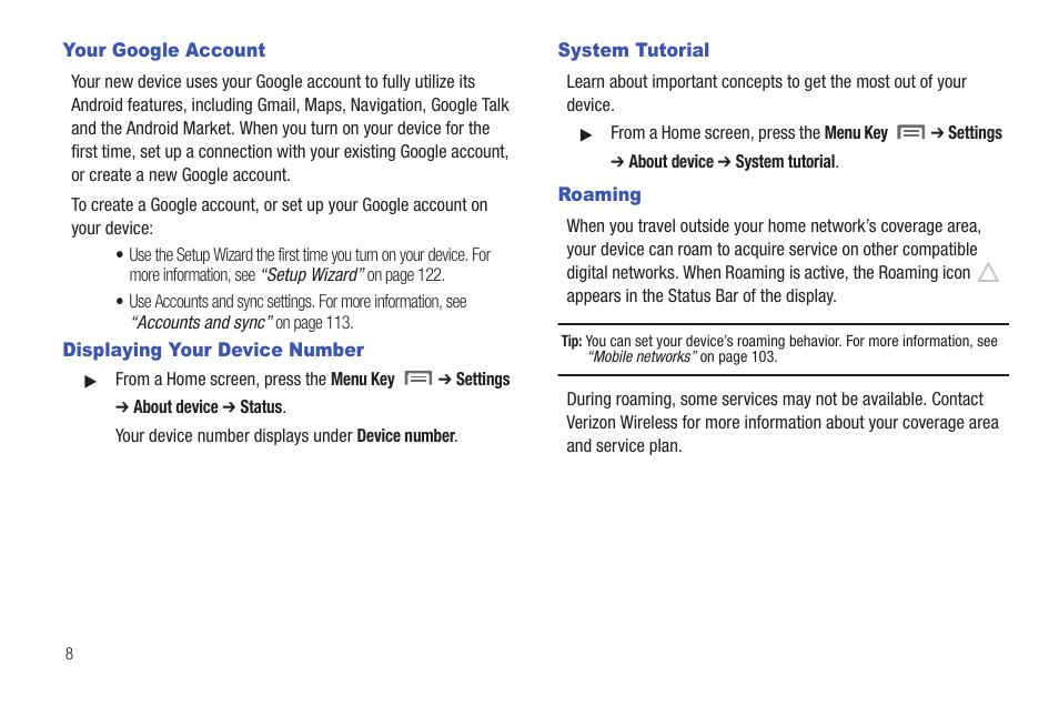 Your google account, Displaying your device number, System tutorial | Roaming | Samsung SCH-I800BKAVZW User Manual | Page 15 / 162