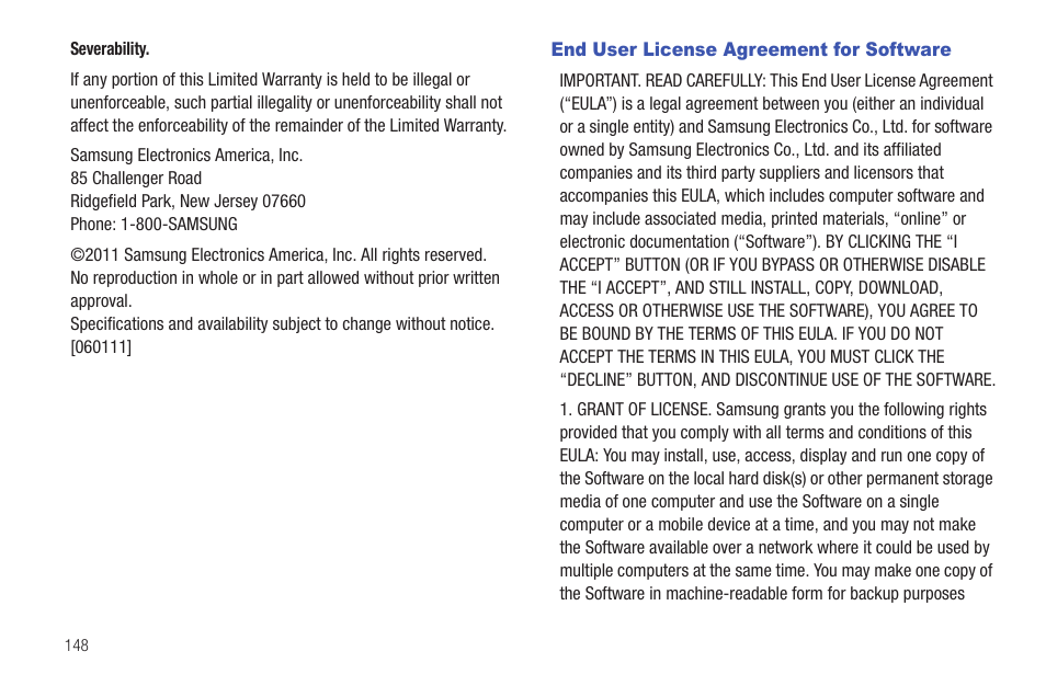 End user license agreement for software | Samsung SCH-I800BKAVZW User Manual | Page 153 / 162