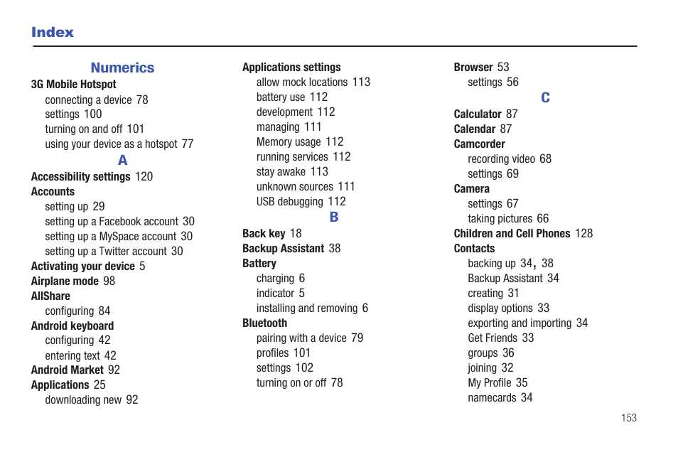 Index, Numerics | Samsung SCH-I800BKAVZW User Manual | Page 158 / 162