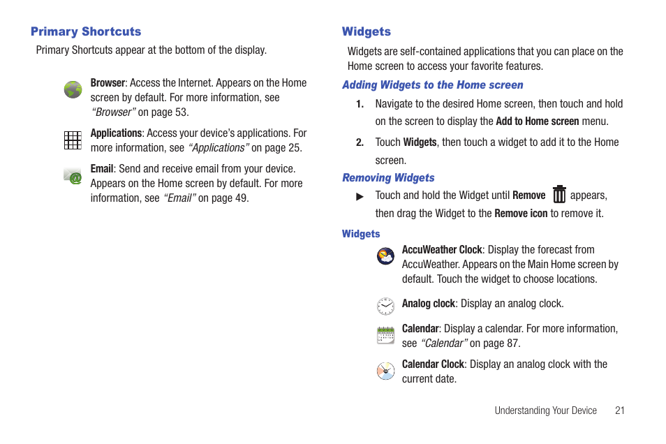 Primary shortcuts, Widgets, Primary shortcuts widgets | Samsung SCH-I800BKAVZW User Manual | Page 28 / 162