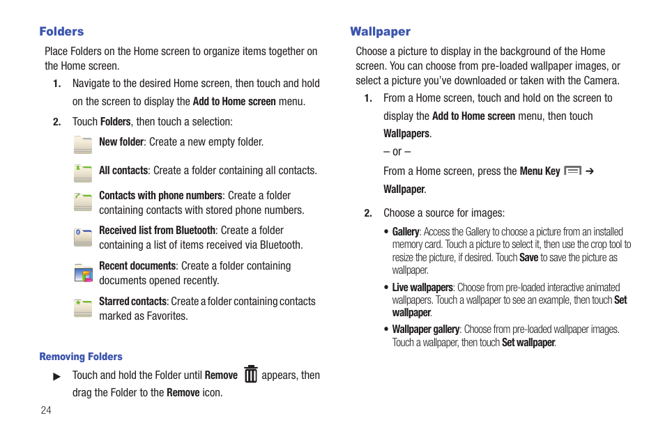 Folders, Wallpaper, Folders wallpaper | Ion, see “wallpaper” on | Samsung SCH-I800BKAVZW User Manual | Page 31 / 162