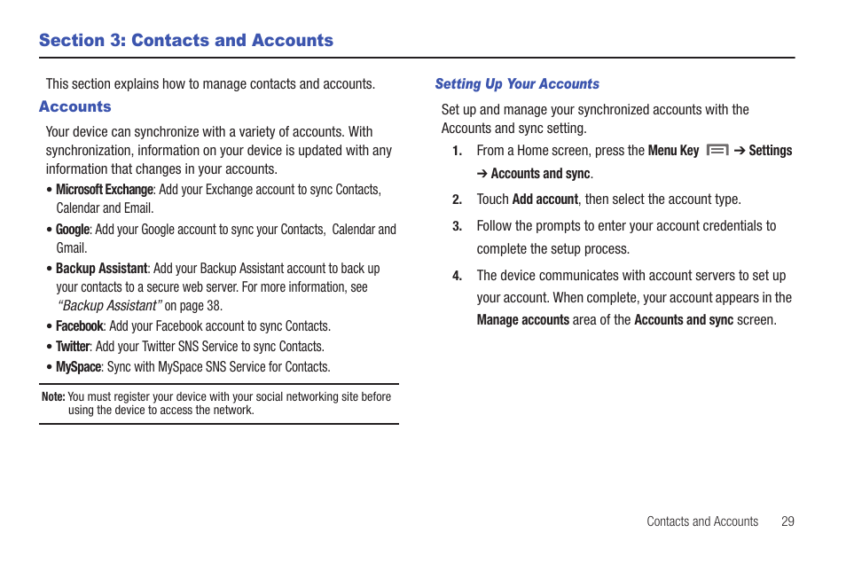 Section 3: contacts and accounts, Accounts | Samsung SCH-I800BKAVZW User Manual | Page 36 / 162