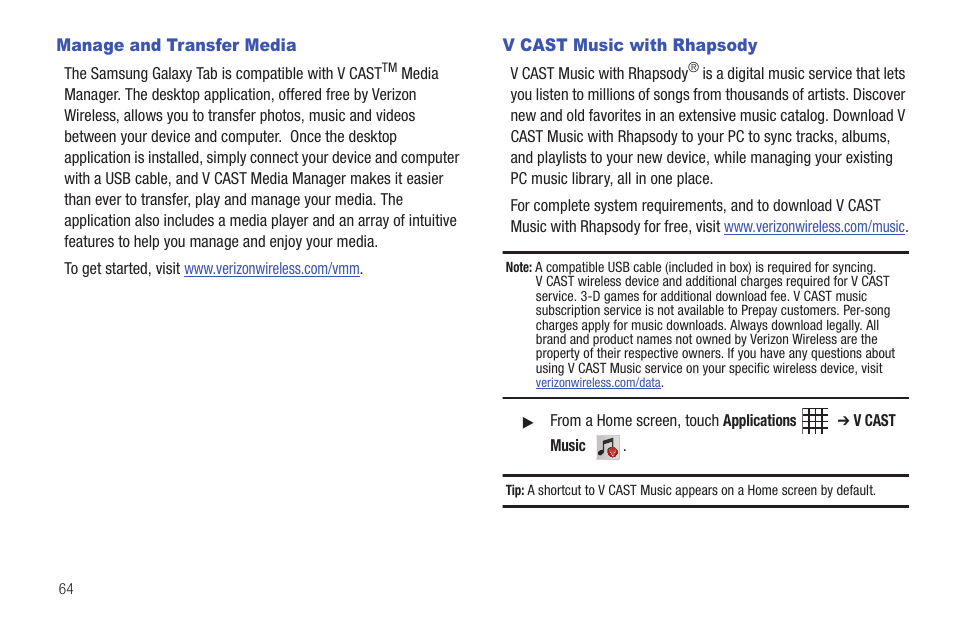 Manage and transfer media, V cast music with rhapsody | Samsung SCH-I800BKAVZW User Manual | Page 70 / 162