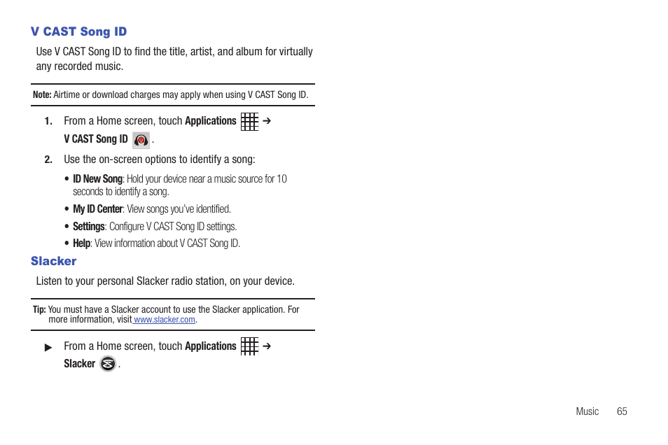 V cast song id, Slacker, V cast song id slacker | Samsung SCH-I800BKAVZW User Manual | Page 71 / 162