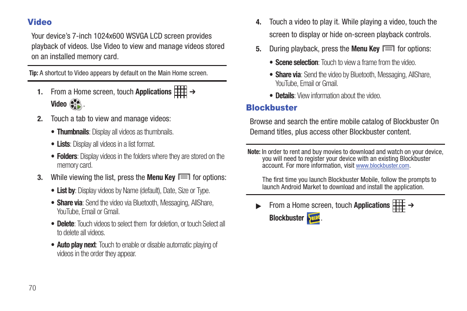 Video, Blockbuster, Video blockbuster | Samsung SCH-I800BKAVZW User Manual | Page 76 / 162