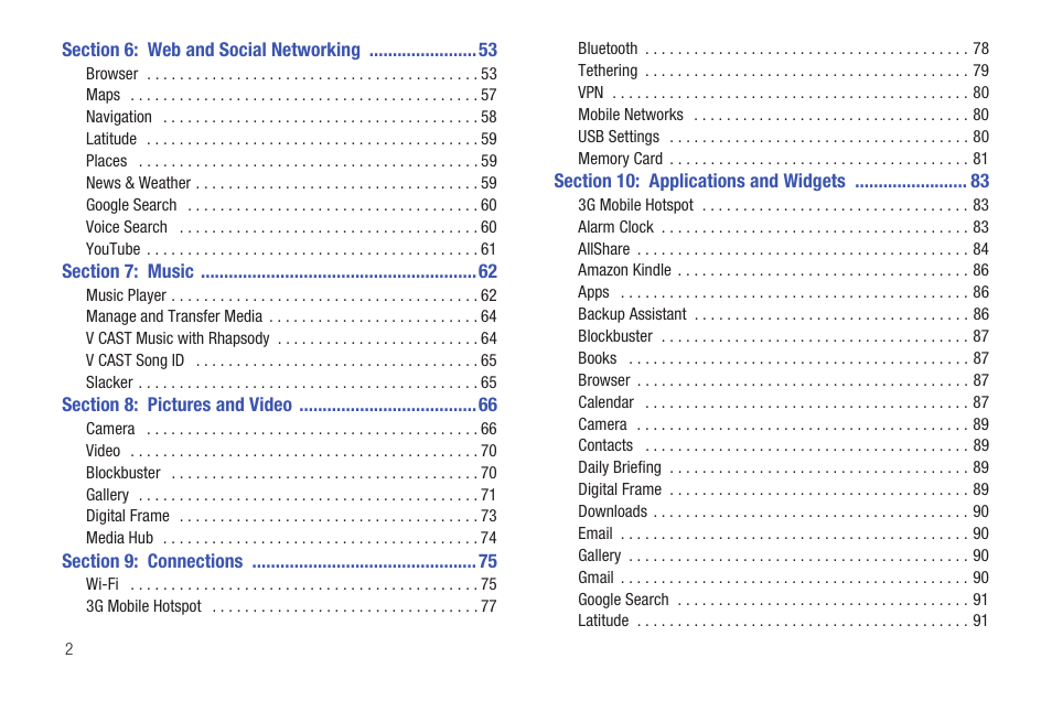 Section 6: web and social networking 53, Section 7: music 62, Section 8: pictures and video 66 | Section 9: connections 75, Section 10: applications and widgets 83 | Samsung SCH-I800BKAVZW User Manual | Page 8 / 162