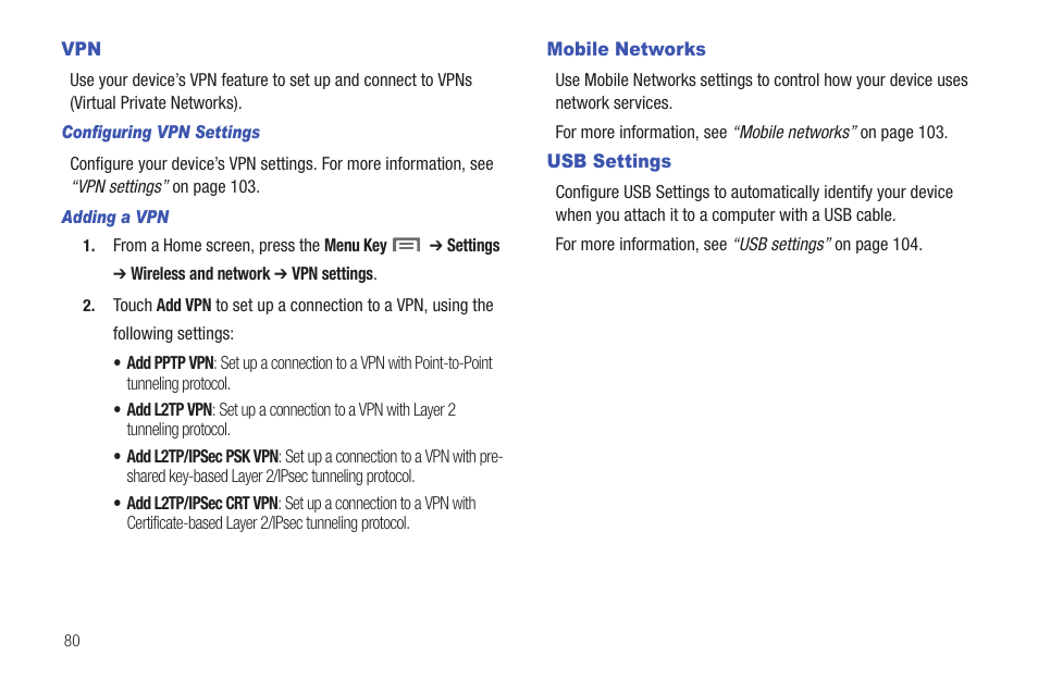 Mobile networks, Usb settings, Vpn mobile networks usb settings | Samsung SCH-I800BKAVZW User Manual | Page 86 / 162