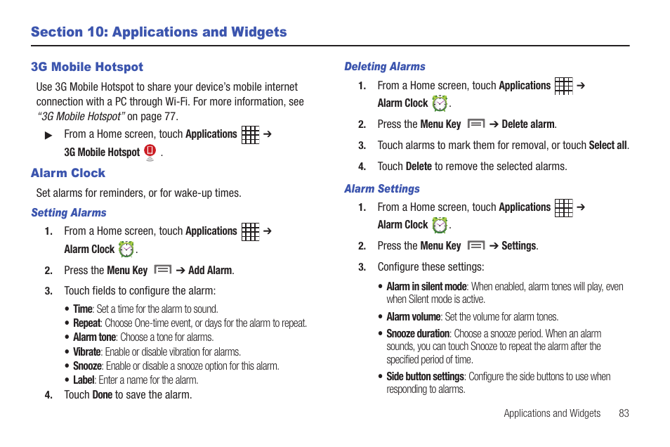 Section 10: applications and widgets, 3g mobile hotspot, Alarm clock | 3g mobile hotspot alarm clock | Samsung SCH-I800BKAVZW User Manual | Page 89 / 162