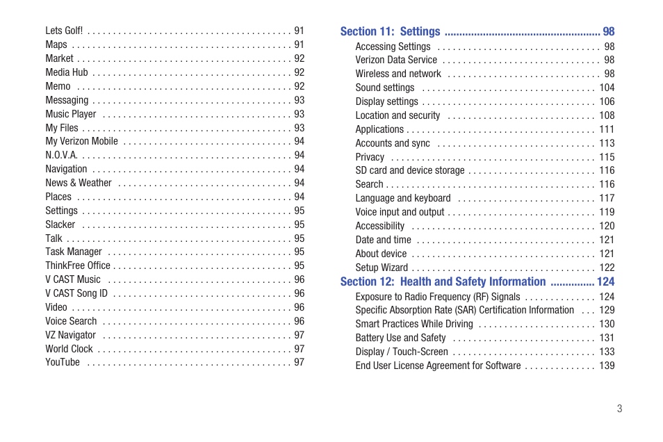 Section 11: settings 98, Section 12: health and safety information 124 | Samsung SCH-I800BKAVZW User Manual | Page 9 / 162