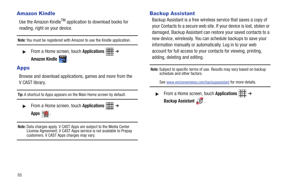 Amazon kindle, Apps, Backup assistant | Amazon kindle apps backup assistant | Samsung SCH-I800BKAVZW User Manual | Page 92 / 162