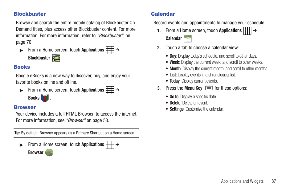 Blockbuster, Books, Browser | Calendar, Blockbuster books browser calendar | Samsung SCH-I800BKAVZW User Manual | Page 93 / 162