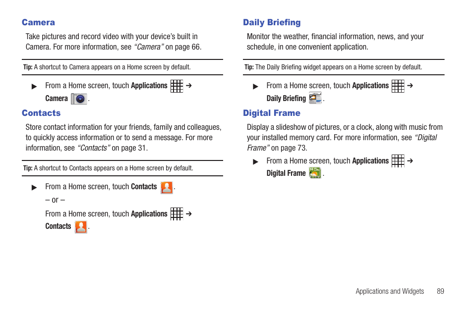 Camera, Contacts, Daily briefing | Digital frame, Camera contacts daily briefing digital frame | Samsung SCH-I800BKAVZW User Manual | Page 95 / 162