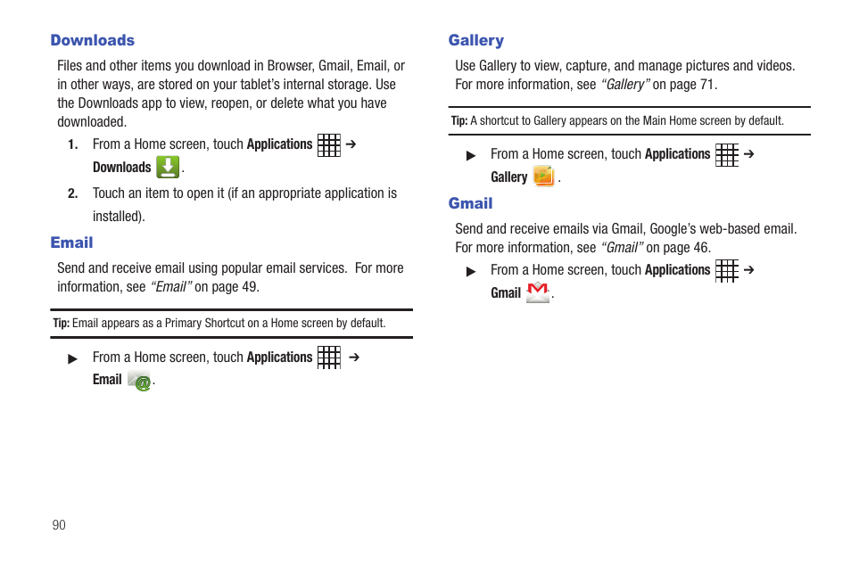 Downloads, Email, Gallery | Gmail, Downloads email gallery gmail | Samsung SCH-I800BKAVZW User Manual | Page 96 / 162