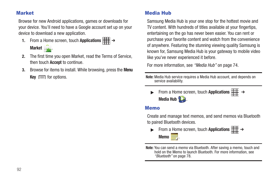 Market, Media hub, Memo | Market media hub memo | Samsung SCH-I800BKAVZW User Manual | Page 98 / 162