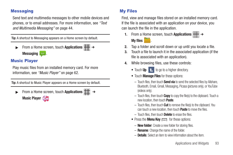 Messaging, Music player, My files | Messaging music player my files | Samsung SCH-I800BKAVZW User Manual | Page 99 / 162