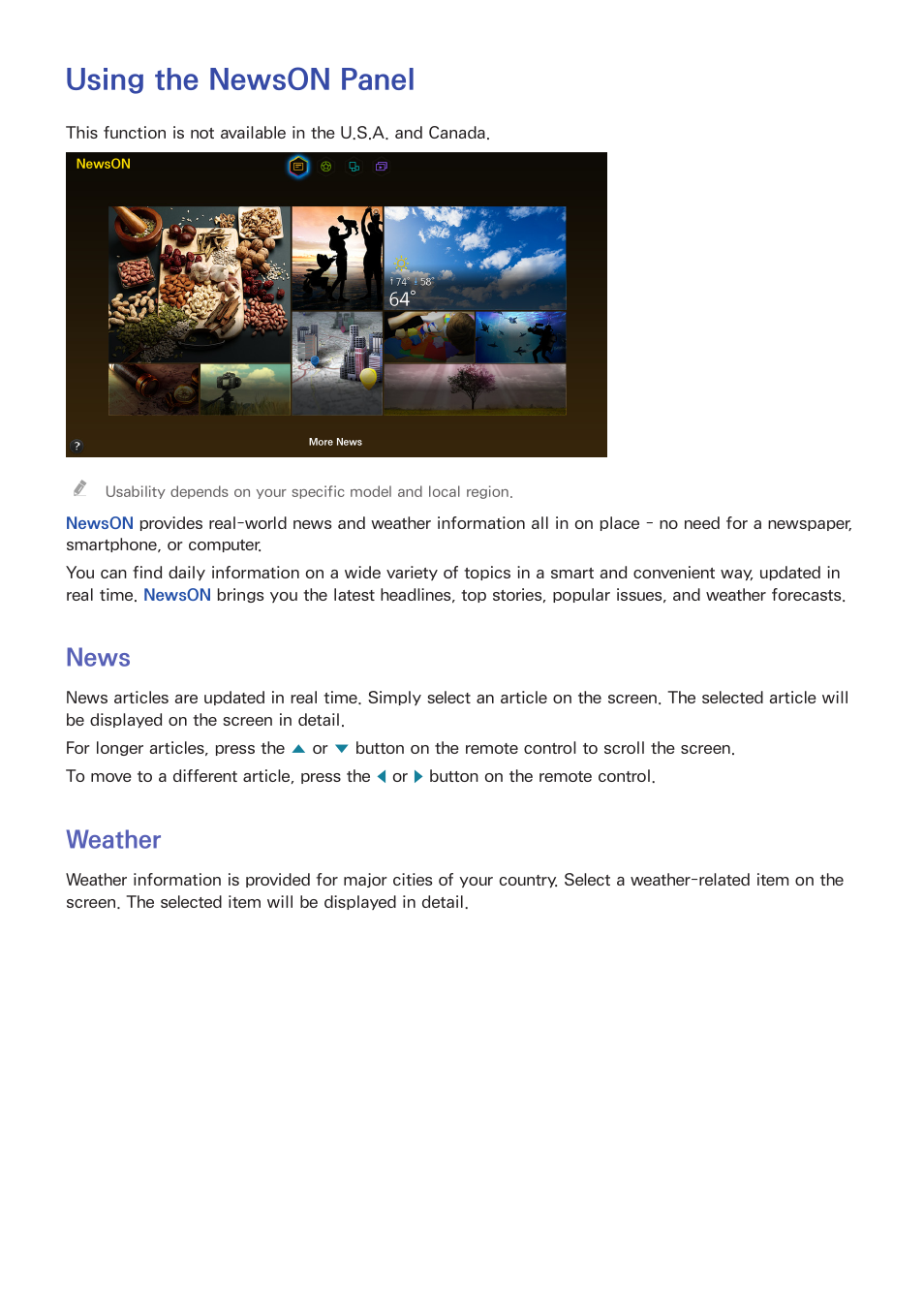 Using the newson panel, 95 news, 95 weather | News, Weather | Samsung UN32H5500AFXZA User Manual | Page 101 / 225