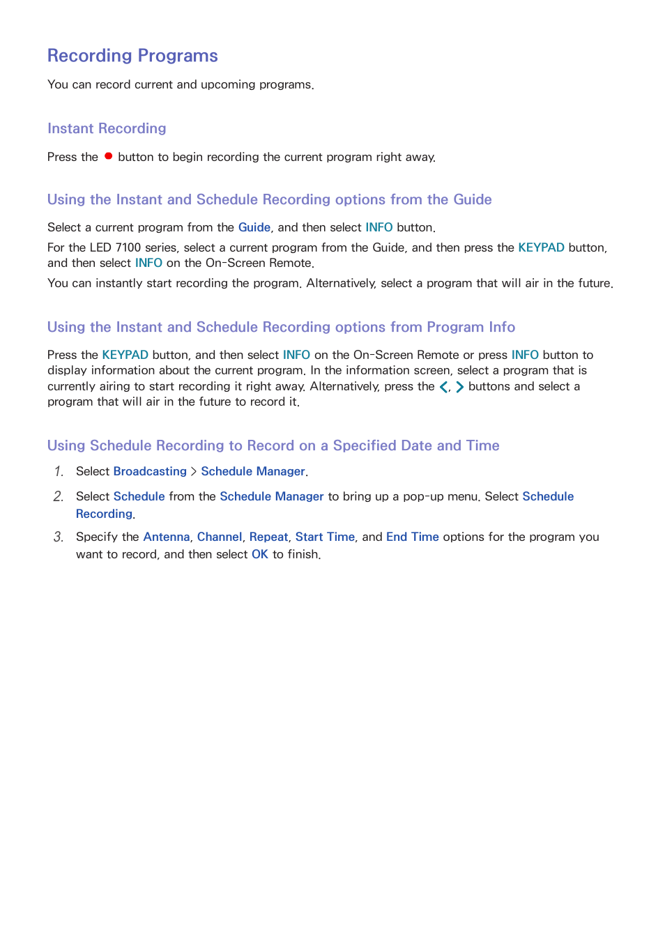 115 recording programs, Recording programs | Samsung UN32H5500AFXZA User Manual | Page 121 / 225