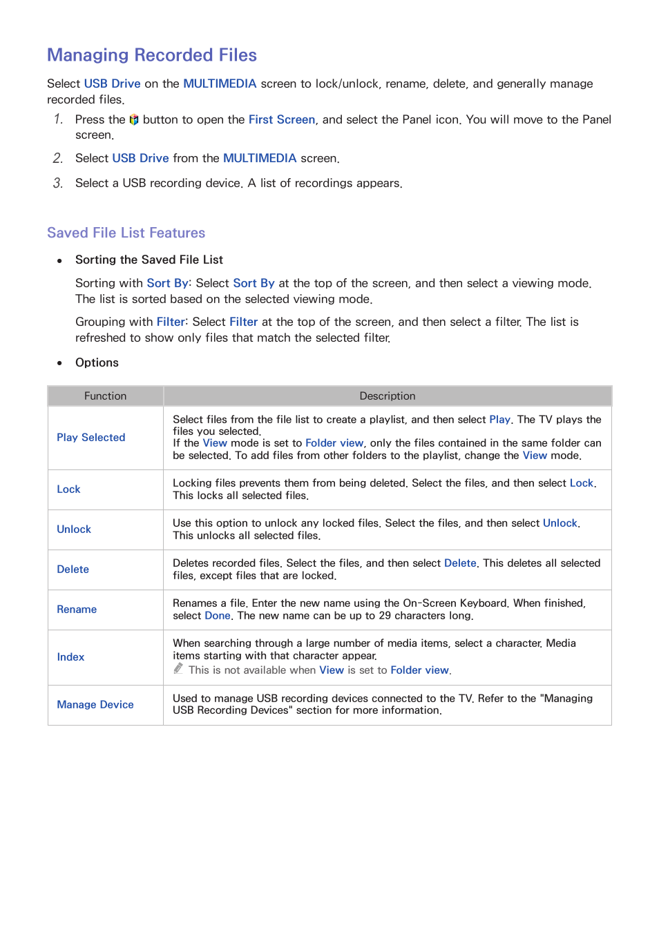 121 managing recorded files, Managing recorded files, Saved file list features | Samsung UN32H5500AFXZA User Manual | Page 127 / 225