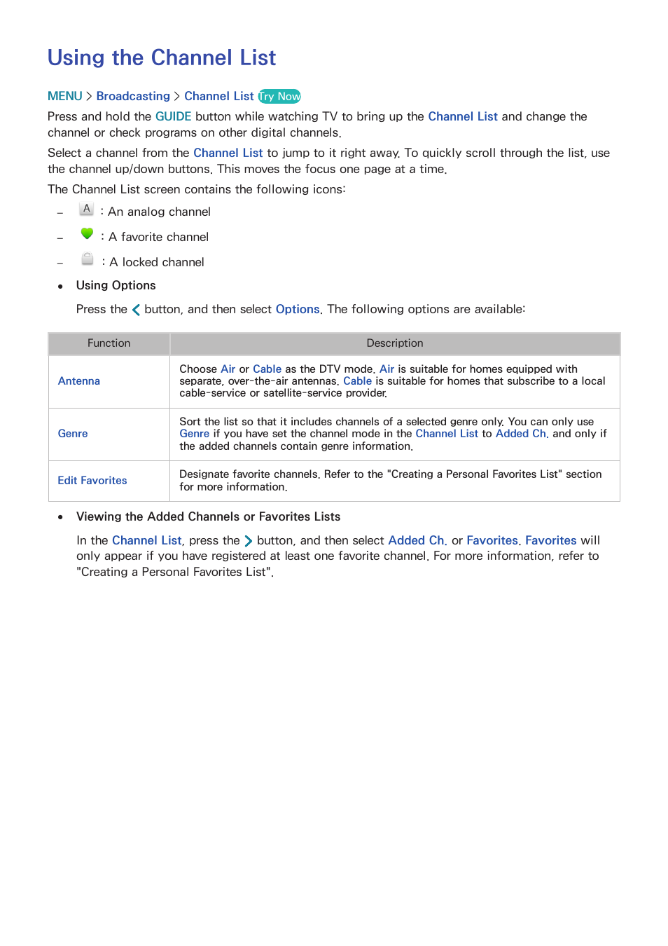 Using the channel list | Samsung UN32H5500AFXZA User Manual | Page 132 / 225