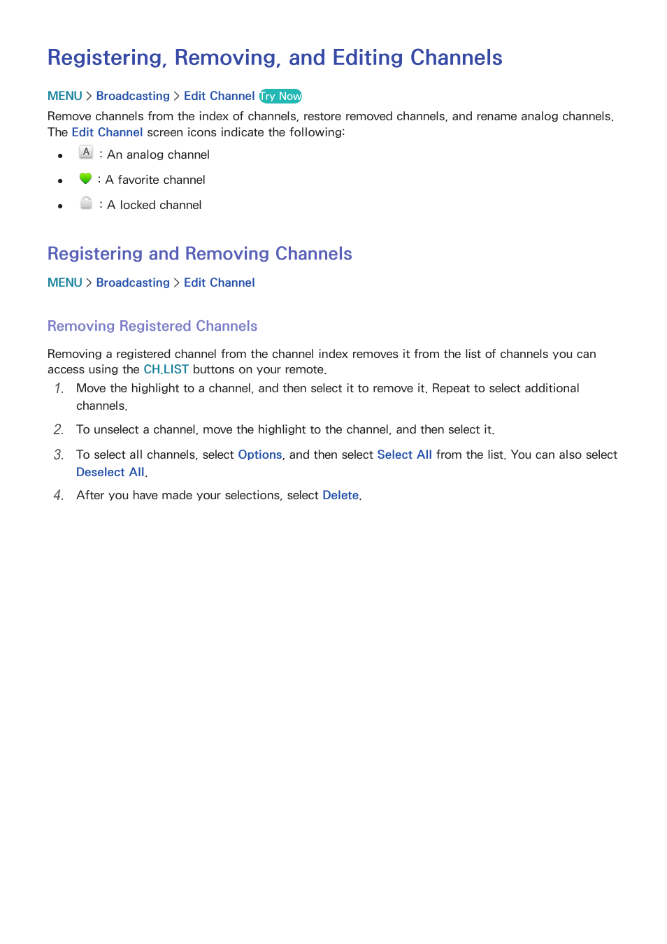 Registering, removing, and editing channels, 127 registering and removing channels, Registering and removing channels | Samsung UN32H5500AFXZA User Manual | Page 133 / 225