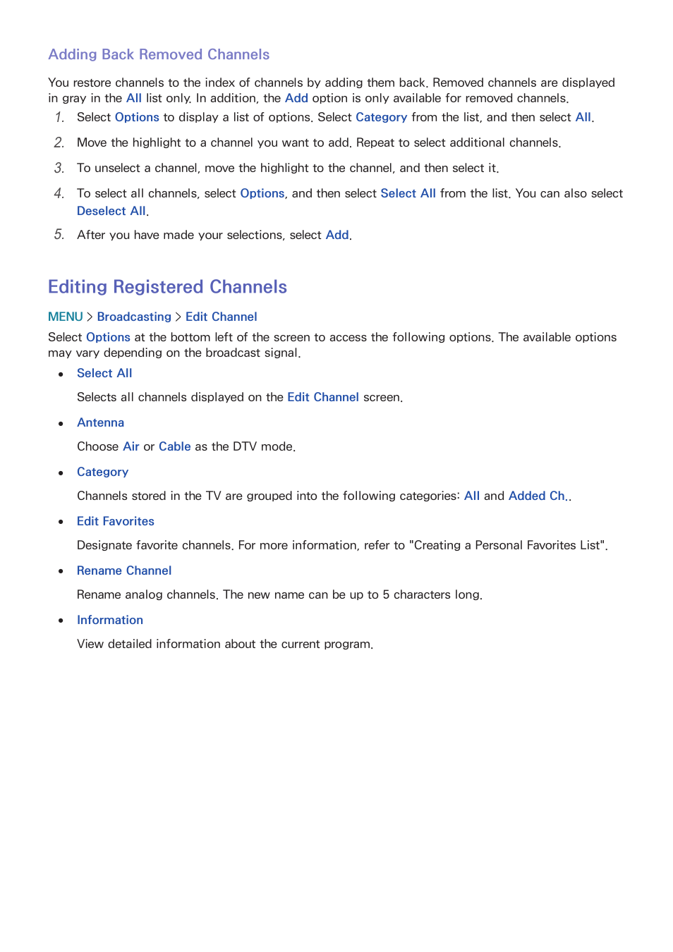 128 editing registered channels, Editing registered channels | Samsung UN32H5500AFXZA User Manual | Page 134 / 225