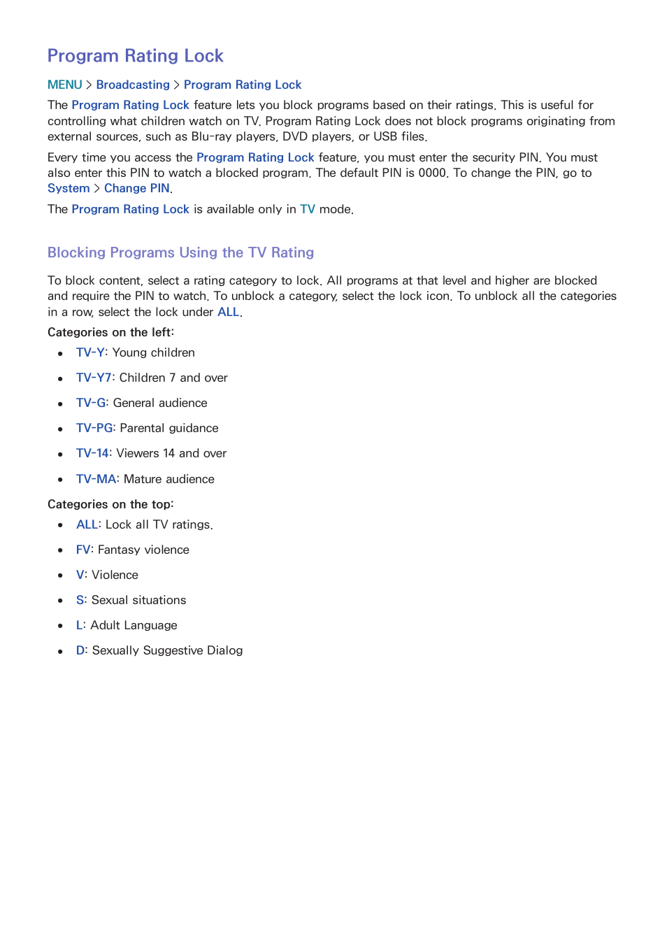 129 program rating lock, Program rating lock, Blocking programs using the tv rating | Samsung UN32H5500AFXZA User Manual | Page 135 / 225
