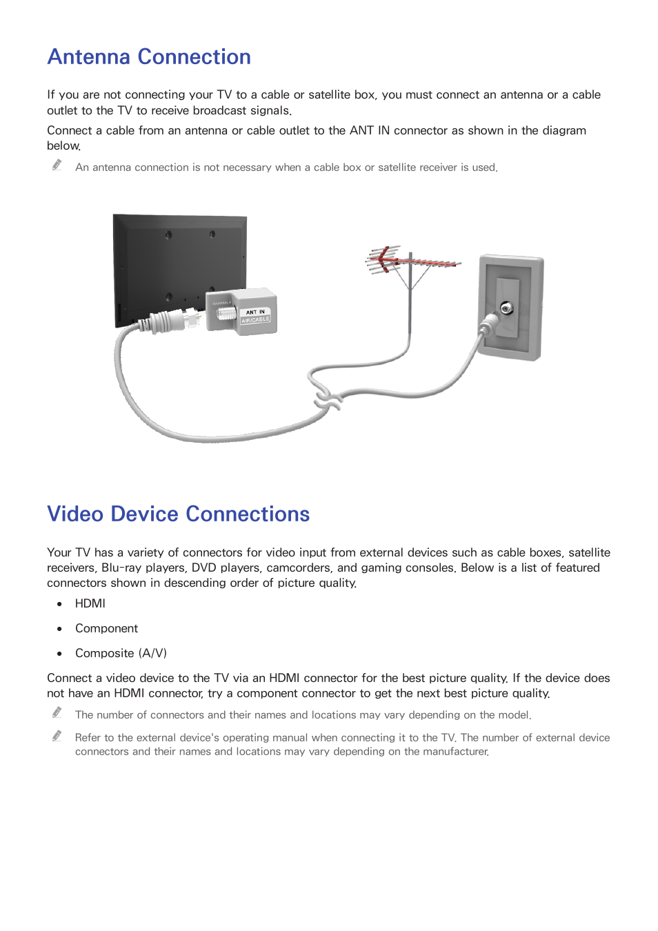 Connecting antenna and external devices, Antenna connection, Video device connections | Samsung UN32H5500AFXZA User Manual | Page 14 / 225