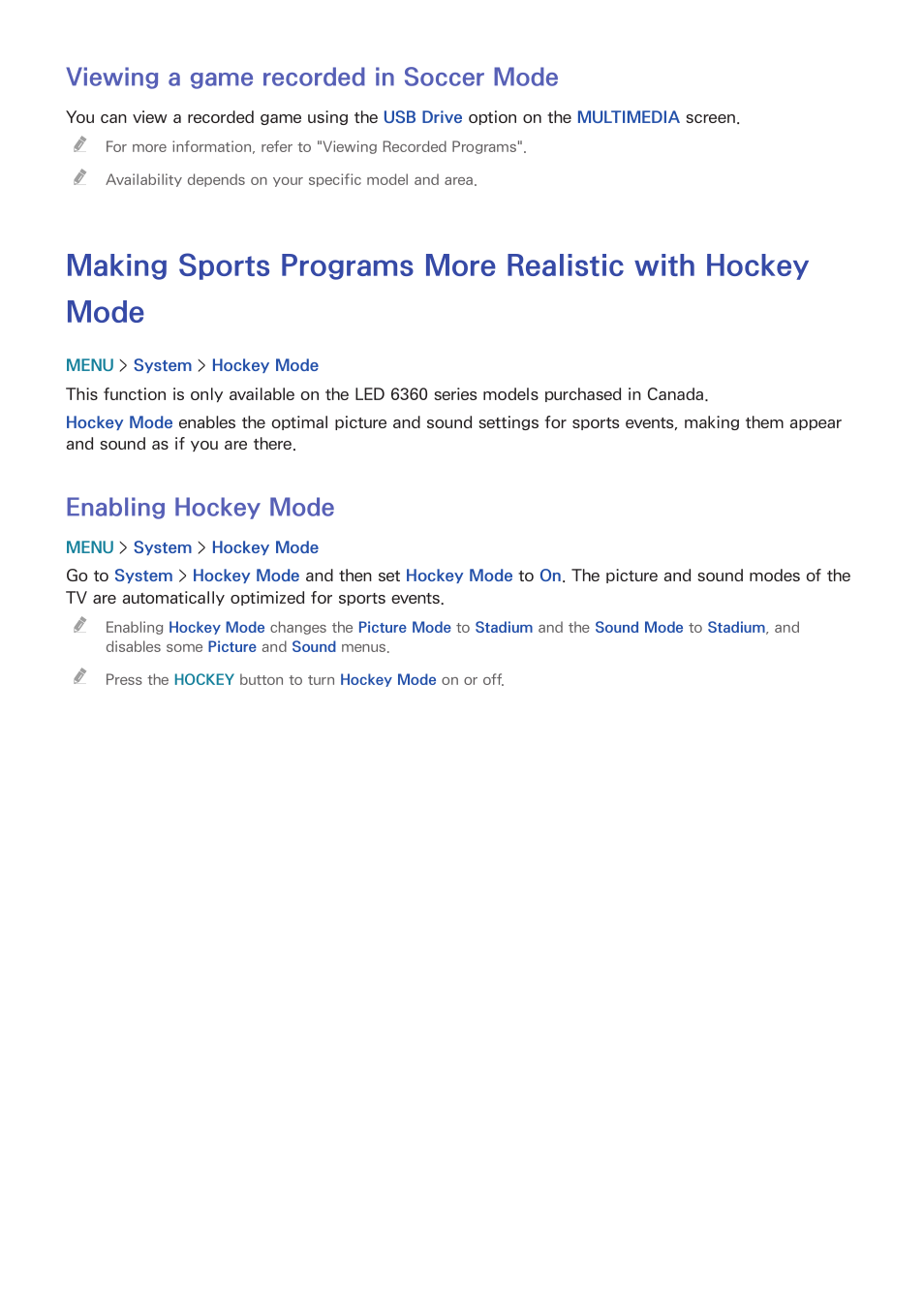 140 viewing a game recorded in soccer mode, 140 enabling hockey mode, Viewing a game recorded in soccer mode | Enabling hockey mode | Samsung UN32H5500AFXZA User Manual | Page 146 / 225
