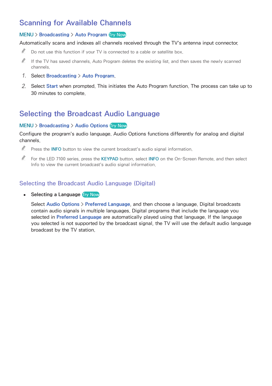 144 scanning for available channels, 144 selecting the broadcast audio language, Scanning for available channels | Selecting the broadcast audio language | Samsung UN32H5500AFXZA User Manual | Page 150 / 225