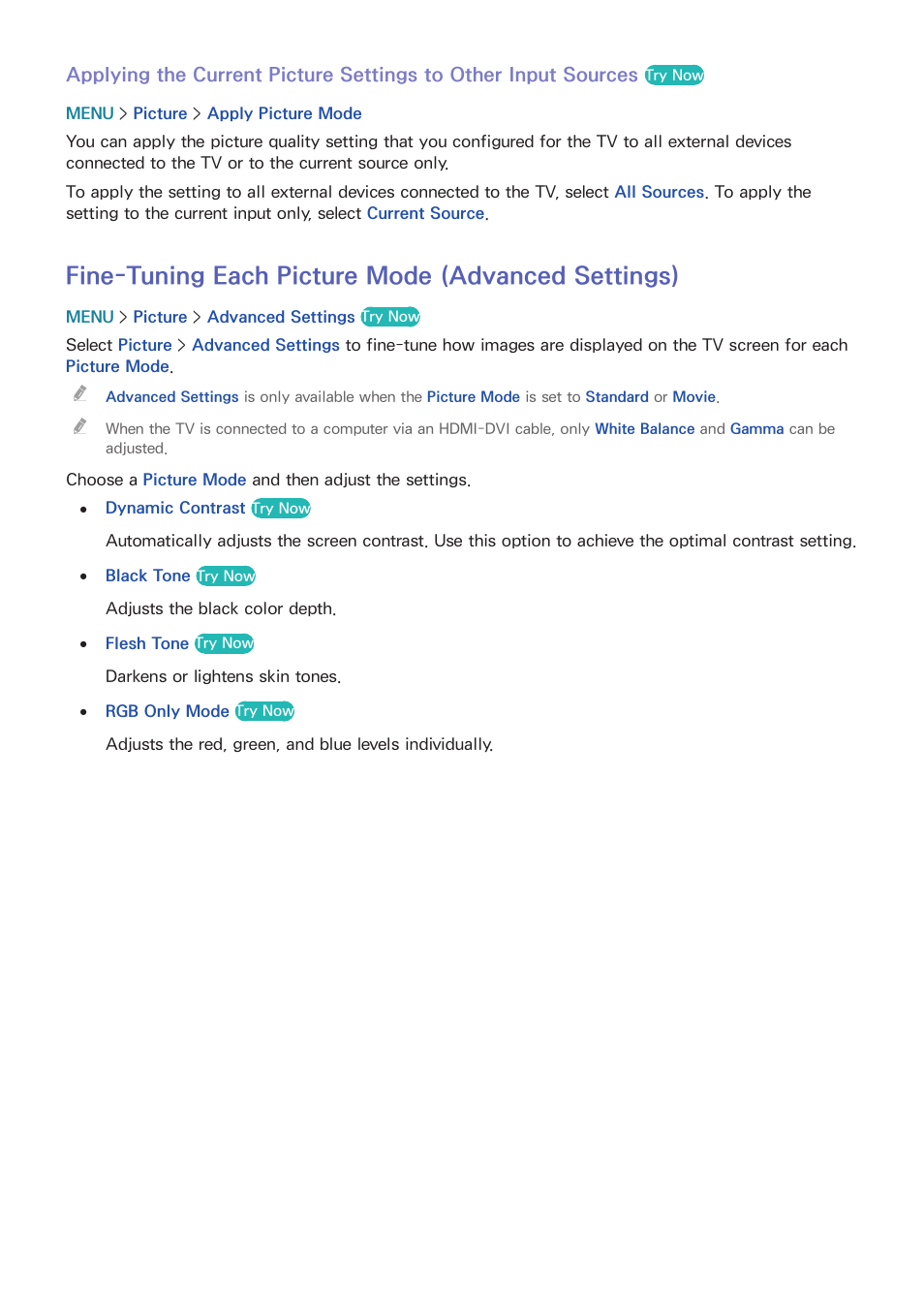 Fine-tuning each picture mode (advanced settings) | Samsung UN32H5500AFXZA User Manual | Page 154 / 225