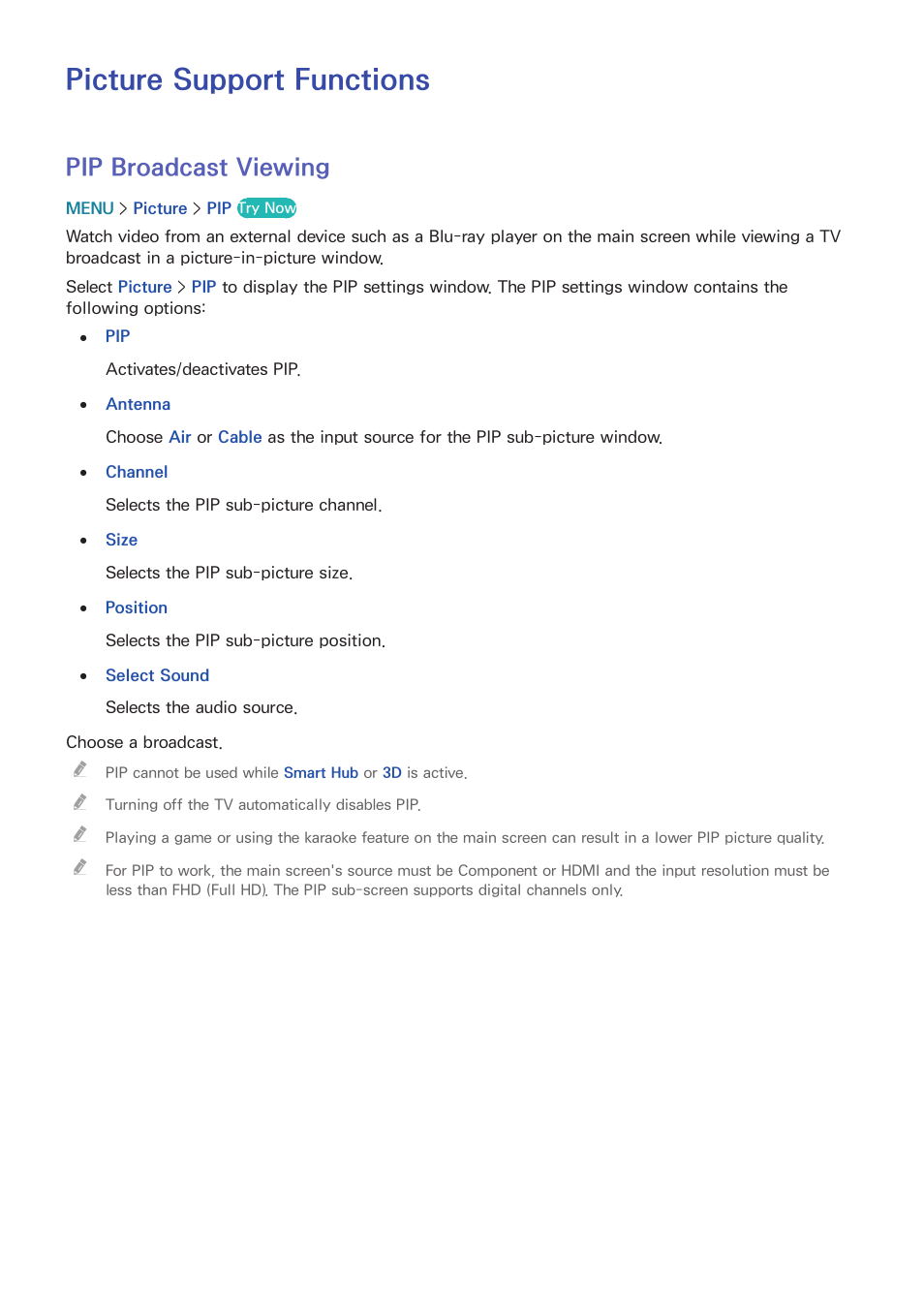 Picture support functions, 155 pip broadcast viewing, Pip broadcast viewing | Samsung UN32H5500AFXZA User Manual | Page 161 / 225