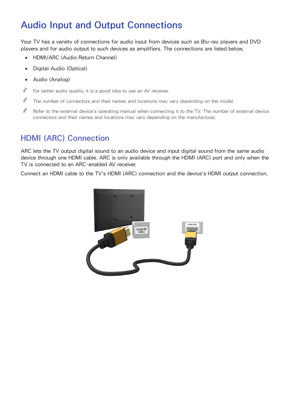 Audio input and output connections, Hdmi (arc) connection | Samsung UN32H5500AFXZA User Manual | Page 18 / 225