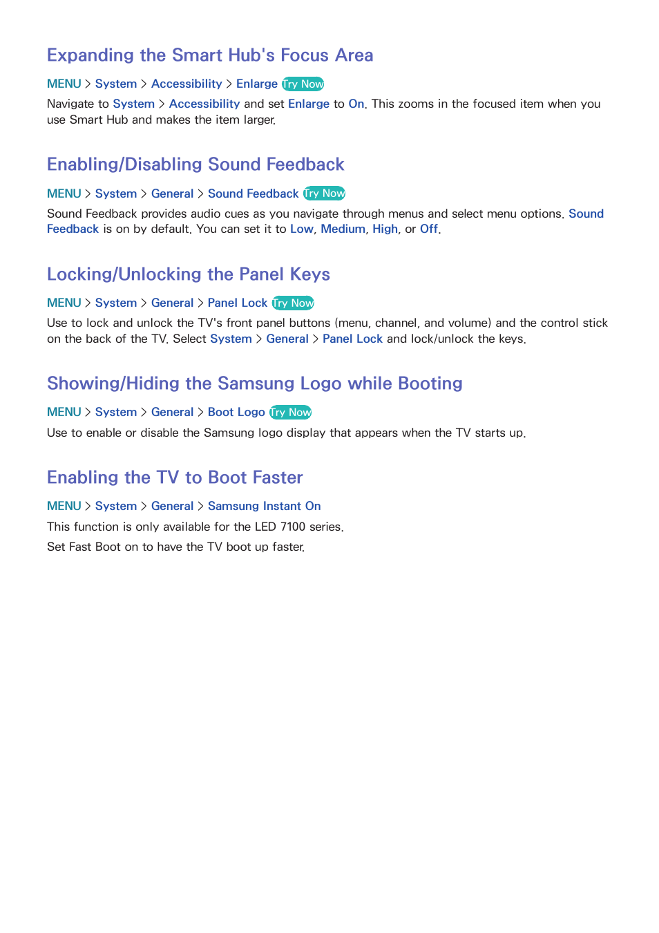 177 expanding the smart hub's focus area, 177 enabling/disabling sound feedback, 177 locking/unlocking the panel keys | 177 showing/hiding the samsung logo while booting, 177 enabling the tv to boot faster, Expanding the smart hub's focus area, Enabling/disabling sound feedback, Locking/unlocking the panel keys, Showing/hiding the samsung logo while booting, Enabling the tv to boot faster | Samsung UN32H5500AFXZA User Manual | Page 183 / 225