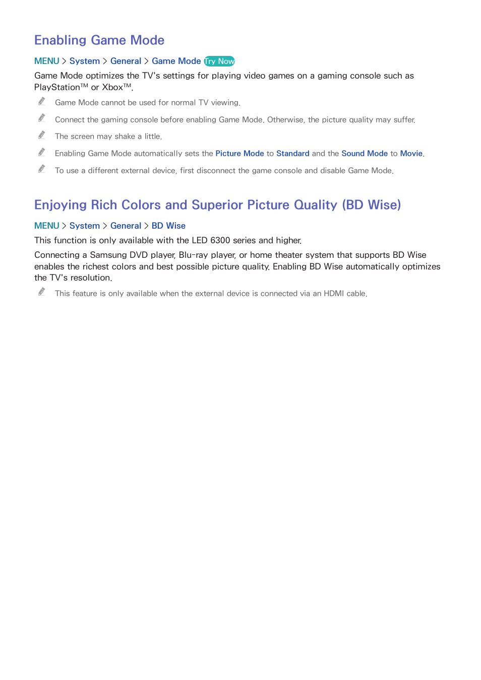 178 enabling game mode, Wise), Enabling game mode | Samsung UN32H5500AFXZA User Manual | Page 184 / 225
