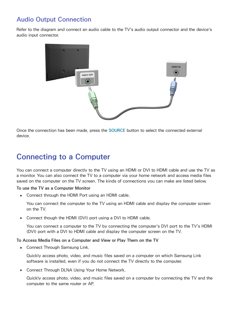 Audio output connection, Connecting to a computer | Samsung UN32H5500AFXZA User Manual | Page 20 / 225