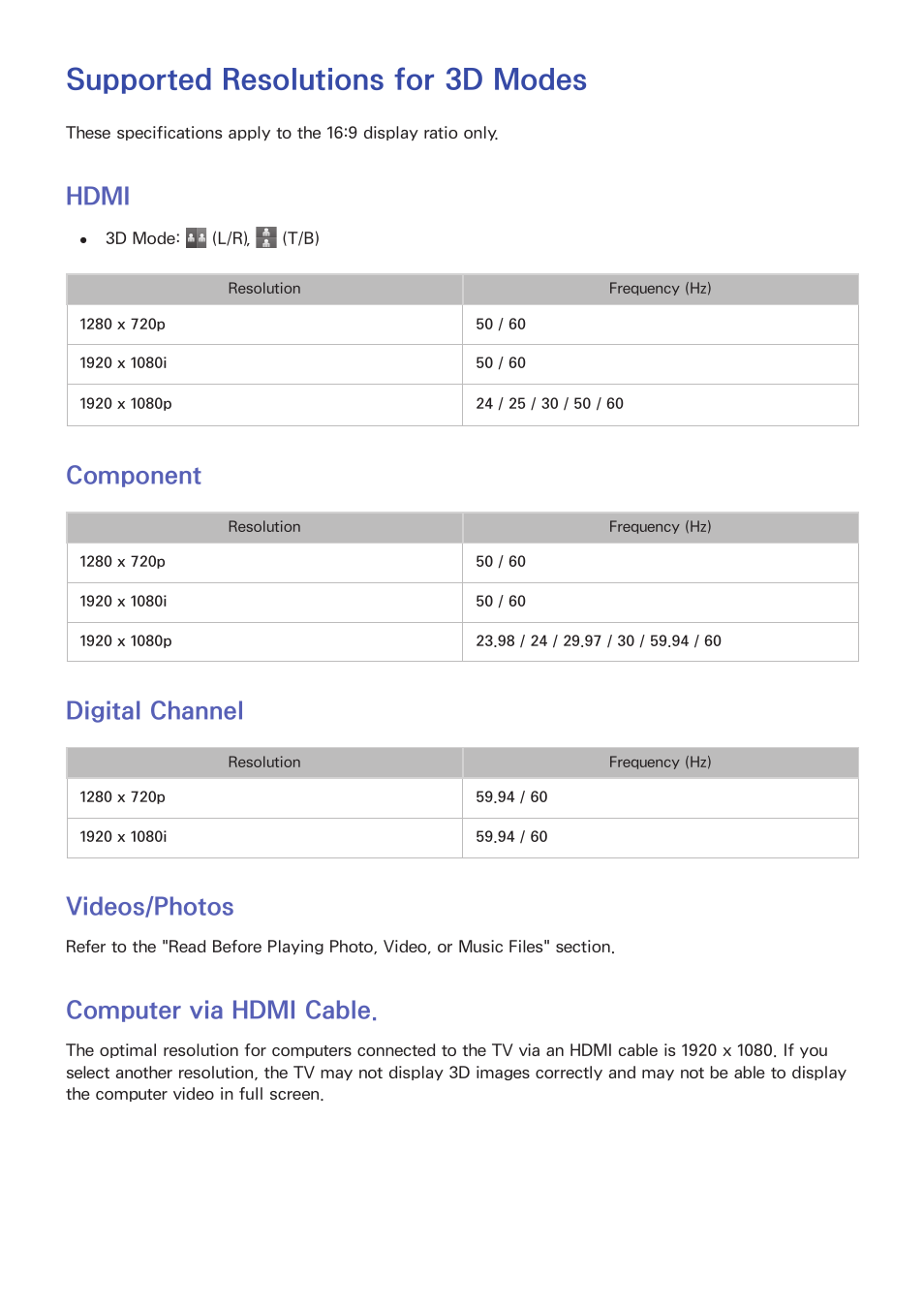 Supported resolutions for 3d modes, 199 hdmi, 199 component | 199 digital channel, 199 videos/photos, 199 computer via hdmi cable, Hdmi, Component, Digital channel, Videos/photos | Samsung UN32H5500AFXZA User Manual | Page 205 / 225