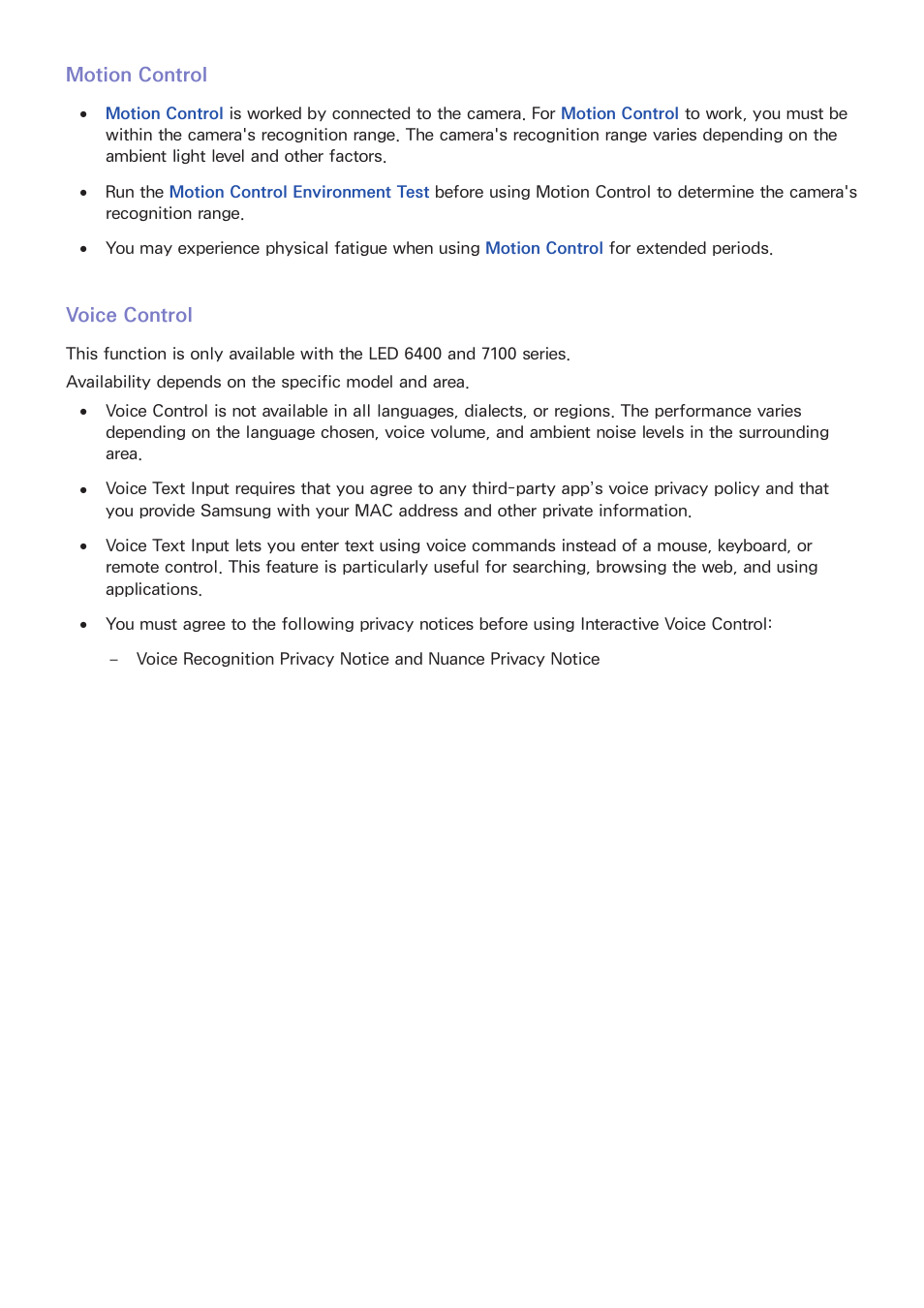 Motion control, Voice control | Samsung UN32H5500AFXZA User Manual | Page 207 / 225