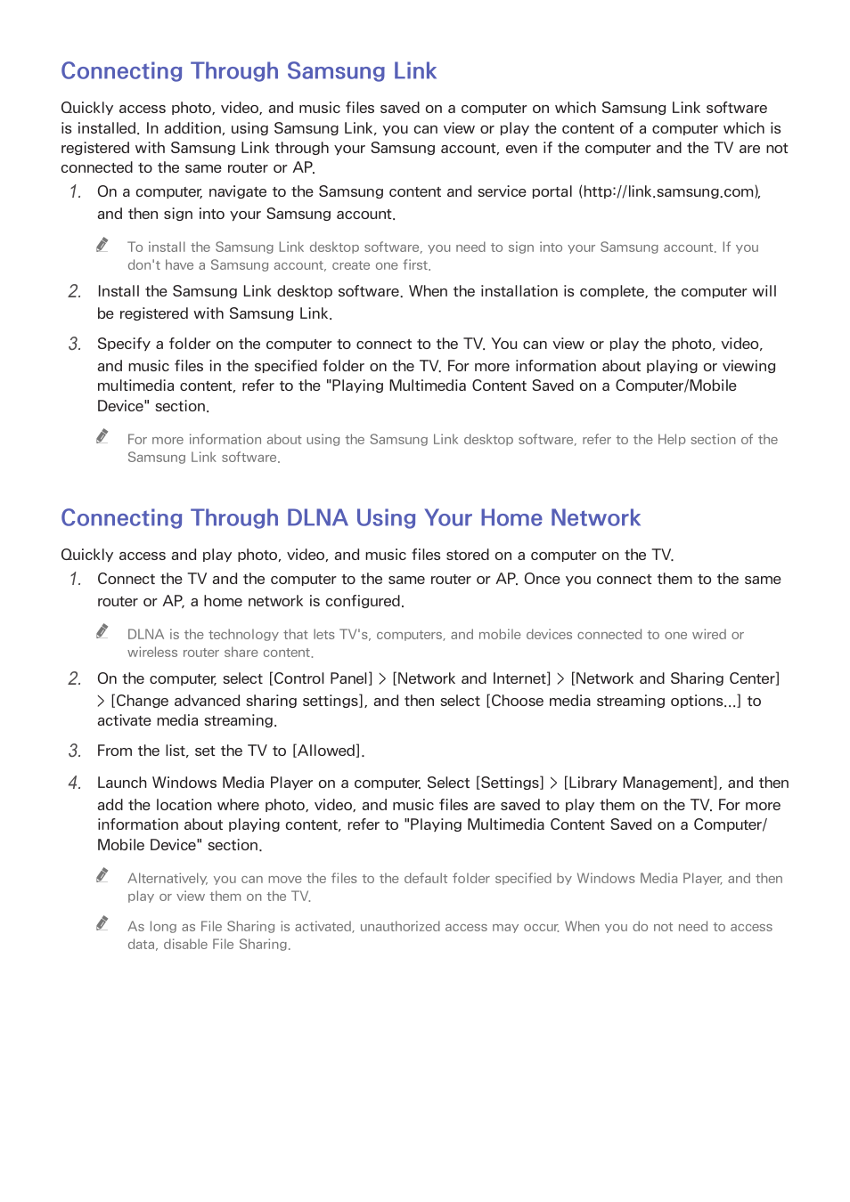 Connecting through samsung link, Connecting through dlna using your home network | Samsung UN32H5500AFXZA User Manual | Page 23 / 225