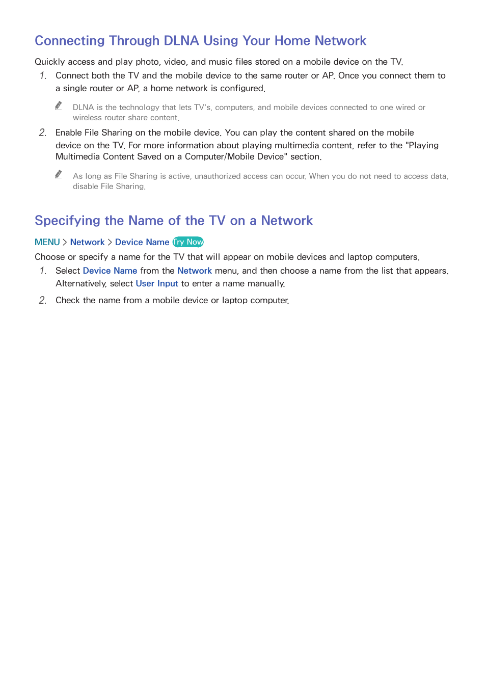 22 connecting through dlna using your home network, 22 specifying the name of the tv on a network, Connecting through dlna using your home network | Specifying the name of the tv on a network | Samsung UN32H5500AFXZA User Manual | Page 28 / 225