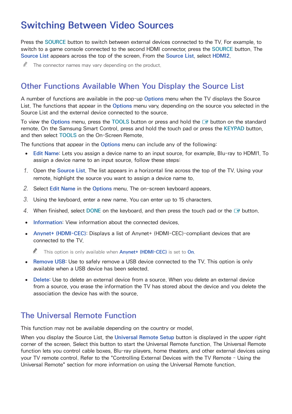 Switching between video sources, List, 23 the universal remote function | The universal remote function | Samsung UN32H5500AFXZA User Manual | Page 29 / 225