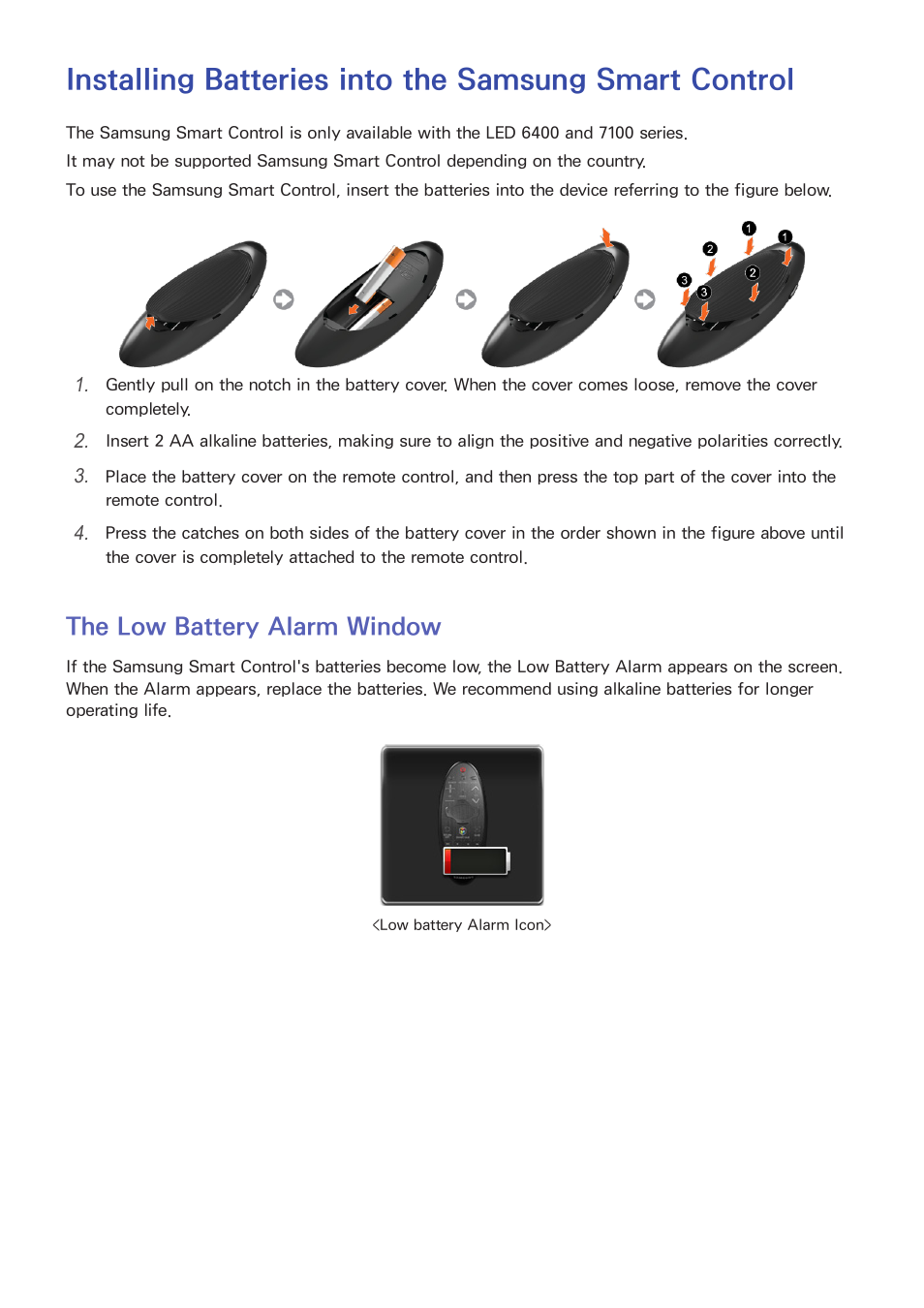 Using the remote control and peripherals, 24 the low battery alarm window, The low battery alarm window | Samsung UN32H5500AFXZA User Manual | Page 30 / 225