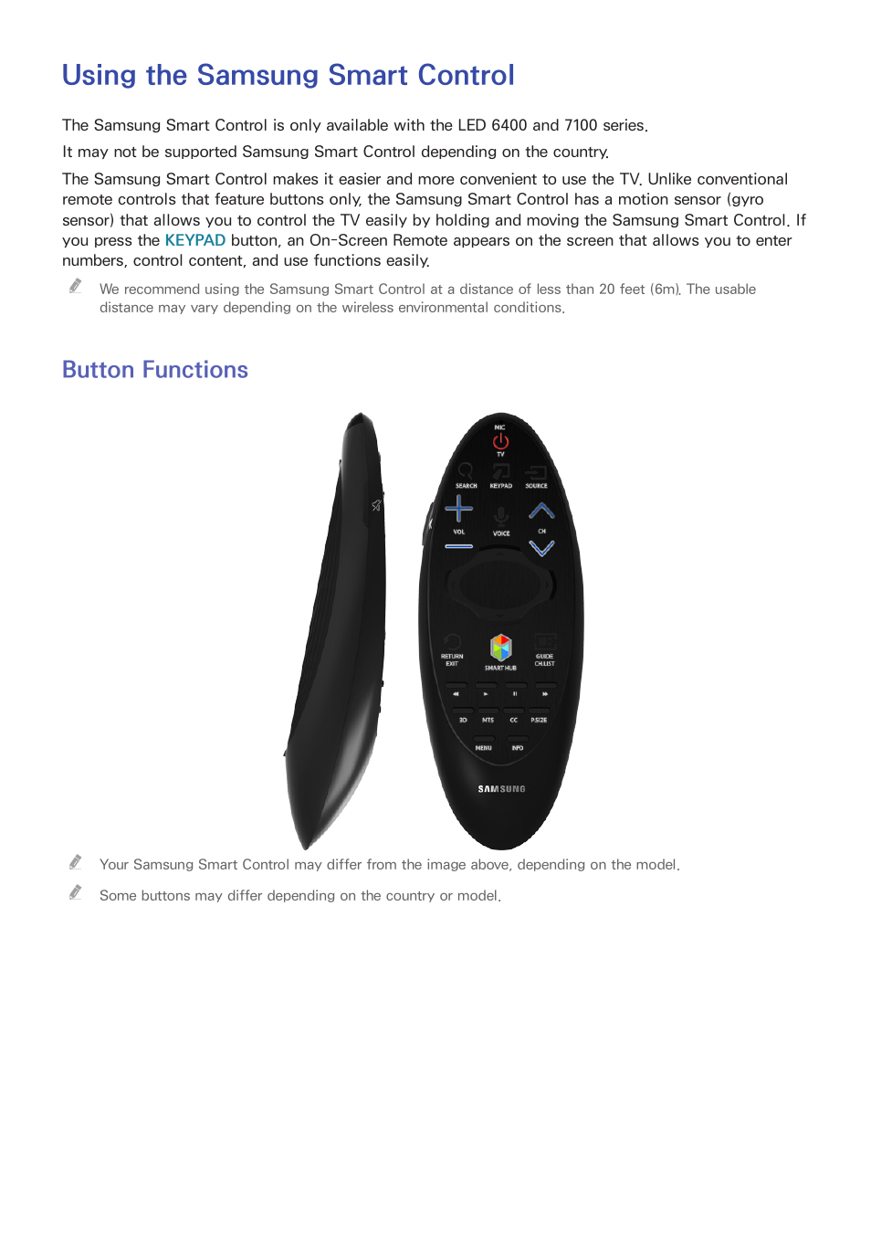 Using the samsung smart control, 26 button functions, Button functions | Samsung UN32H5500AFXZA User Manual | Page 32 / 225